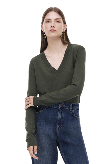  Triko Rahat Kalıp Standart Boy Takma Kol V-Yaka Hakı Kazak