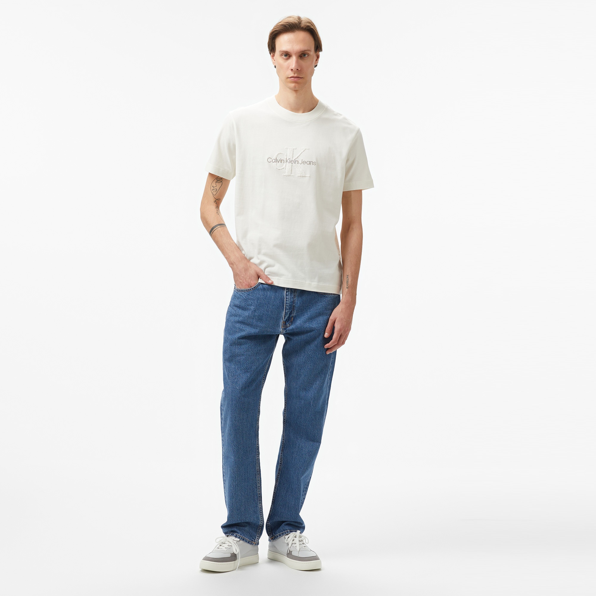Calvin Klein Jeans Chenılle Monologo Erkek Beyaz T-Shirt