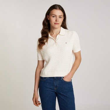  Tommy Hilfiger Co Cable Fine Gg Kadın Bej Kazak