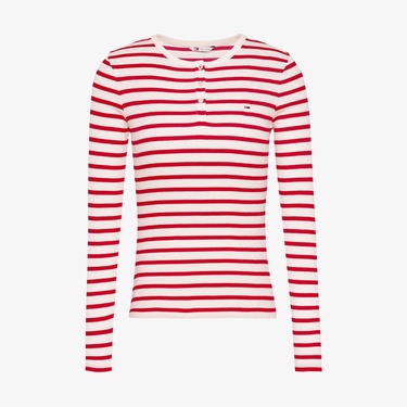  Tommy Jeans Button Rib C-Neck Kadın Kırmızı T-Shirt