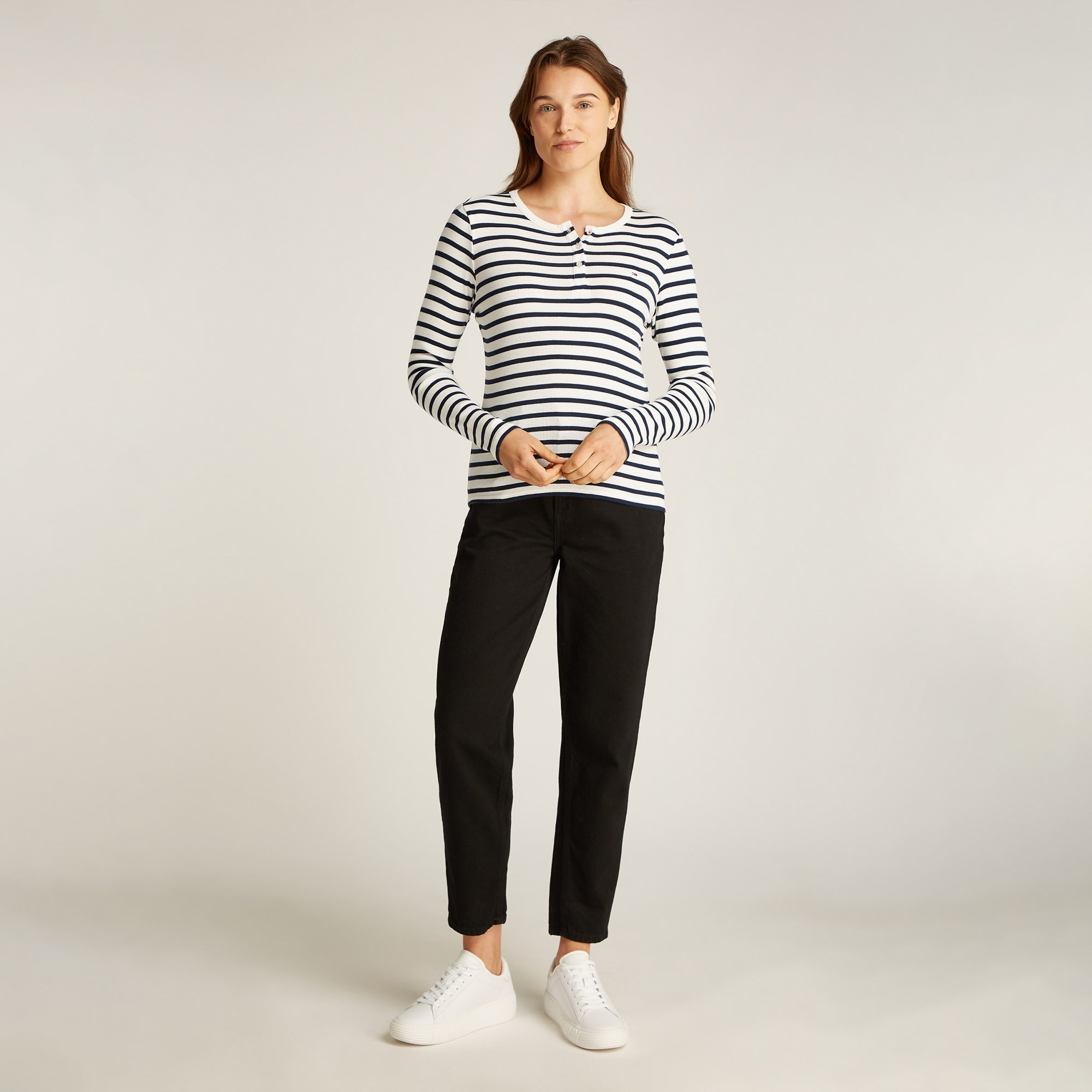 Tommy Jeans Button Rib C-Neck Kadın Mavi T-Shirt