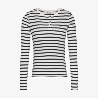  Tommy Jeans Button Rib C-Neck Kadın Mavi T-Shirt