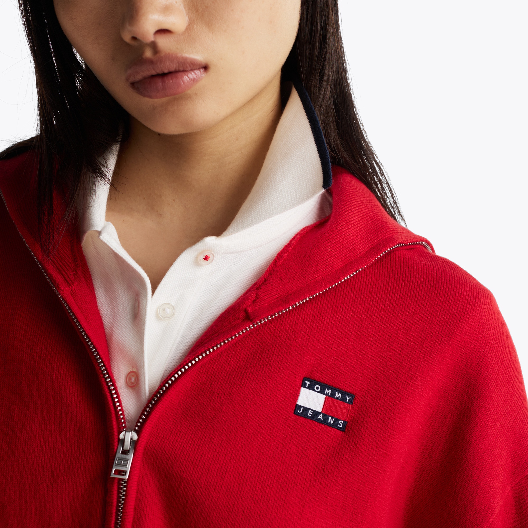Tommy Jeans Crp Badge Zip Thru Cardigan Kadın Kırmızı Kazak