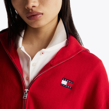  Tommy Jeans Crp Badge Zip Thru Cardigan Kadın Kırmızı Kazak