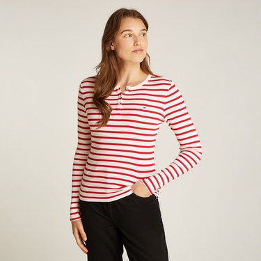  Tommy Jeans Button Rib C-Neck Kadın Kırmızı T-Shirt