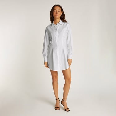  Tommy Jeans Oxford Pleat Kadın Beyaz Elbise