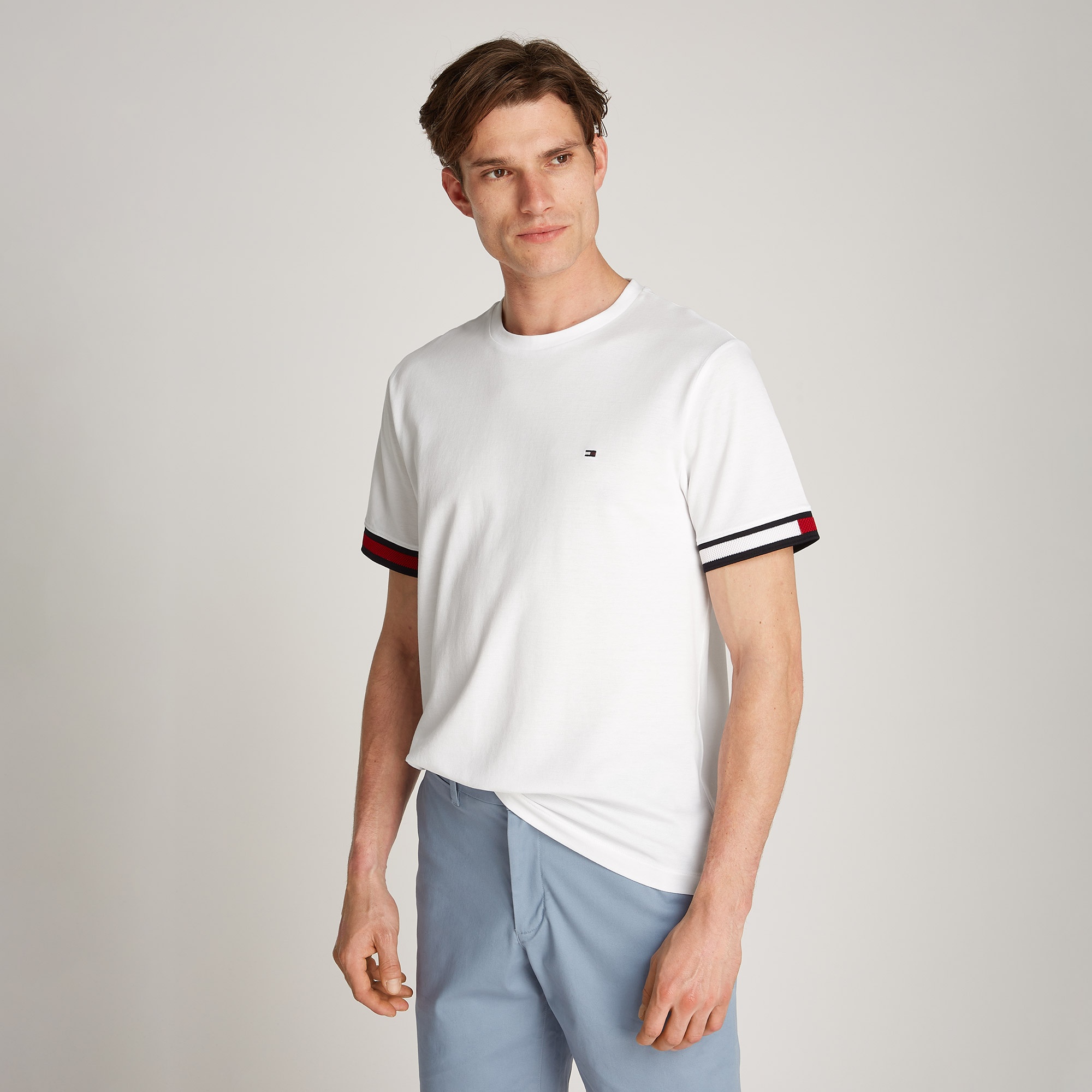 Tommy Hilfiger Global Stripe Flag Cuff Erkek Beyaz T-Shirt