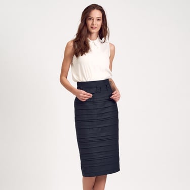  Lacivert Kadın Pileli Kalem Etek