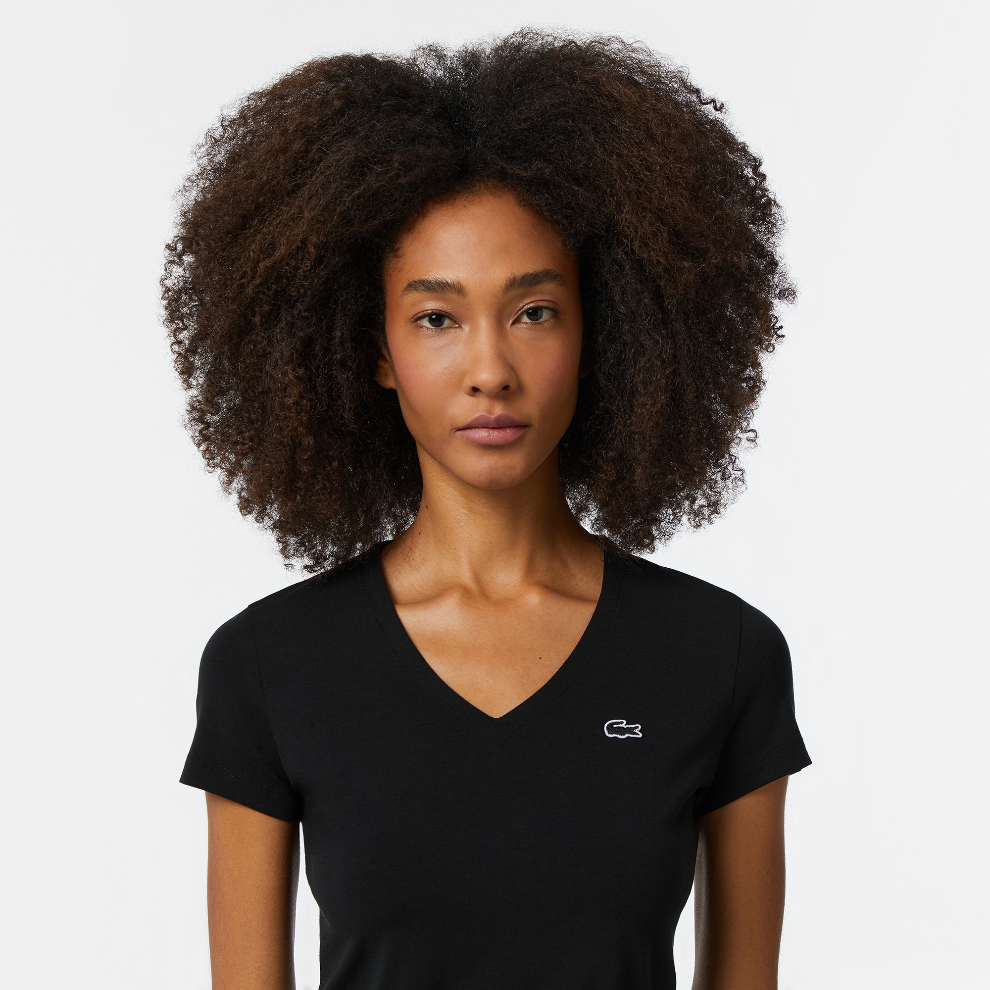 Lacoste Kadın Slim Fit V Yaka Siyah T-Shirt