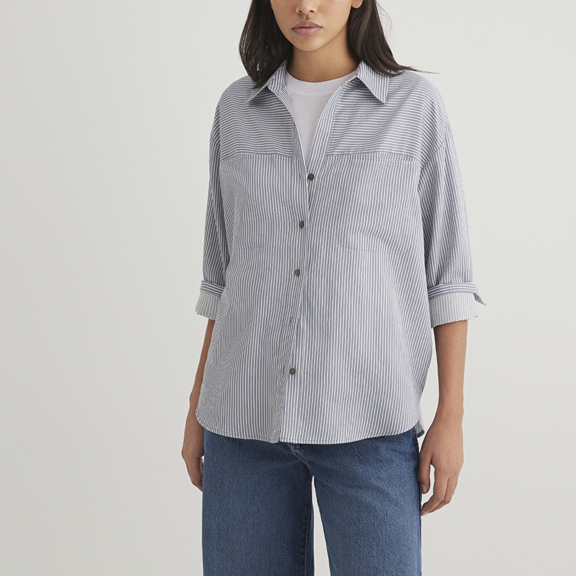 Mavi Çizgili Mavi Gömlek Oversize / Geniş Kesim 1211069-89153