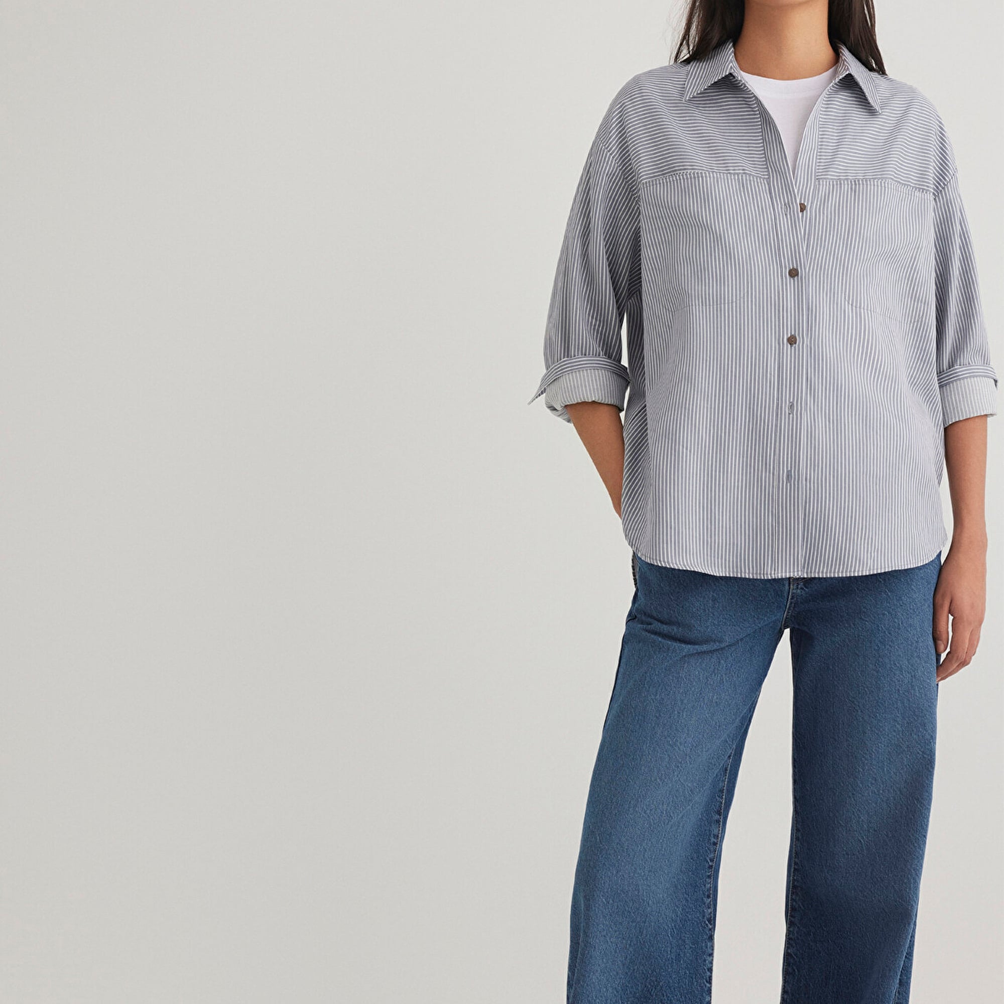 Mavi Çizgili Mavi Gömlek Oversize / Geniş Kesim 1211069-89153