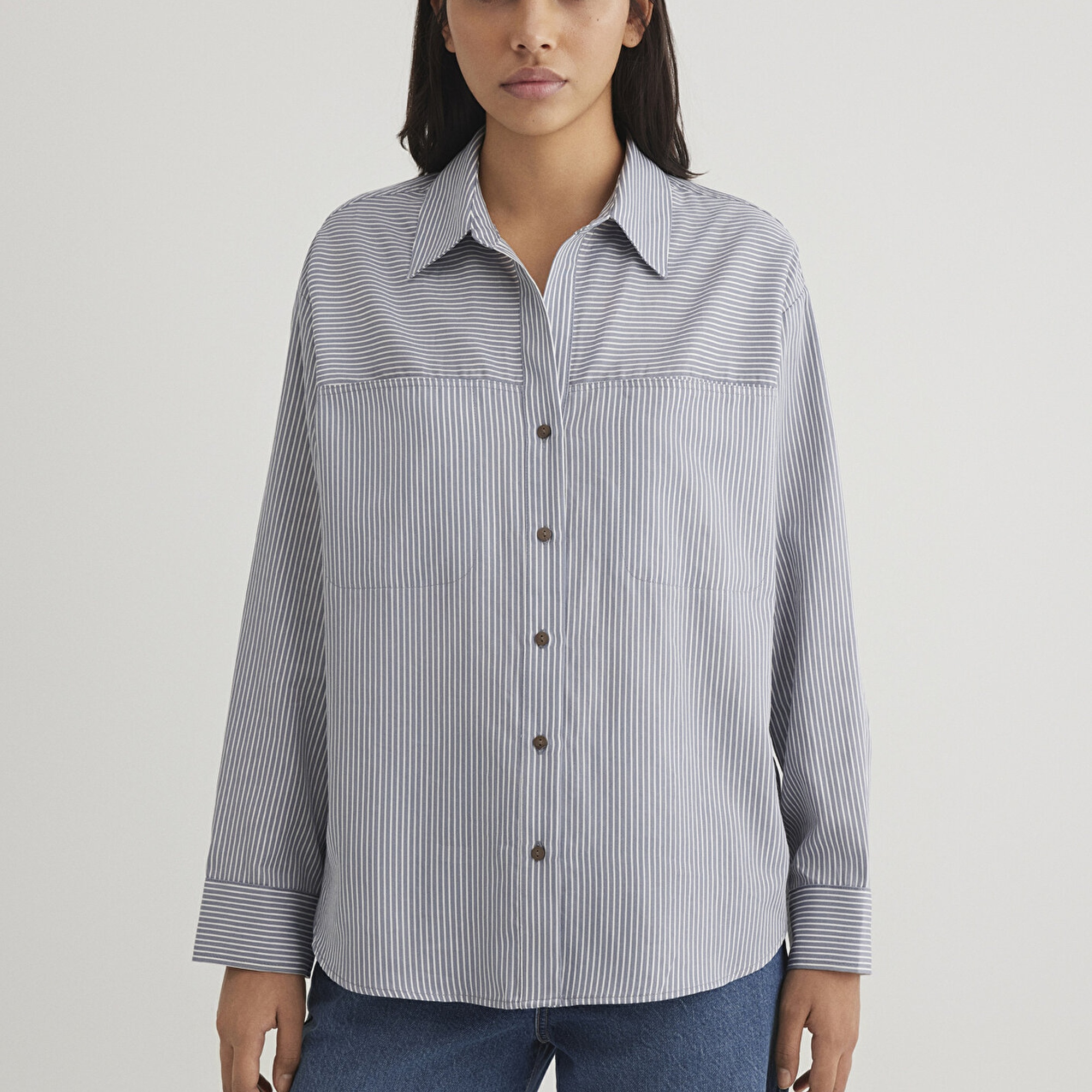 Mavi Çizgili Mavi Gömlek Oversize / Geniş Kesim 1211069-89153