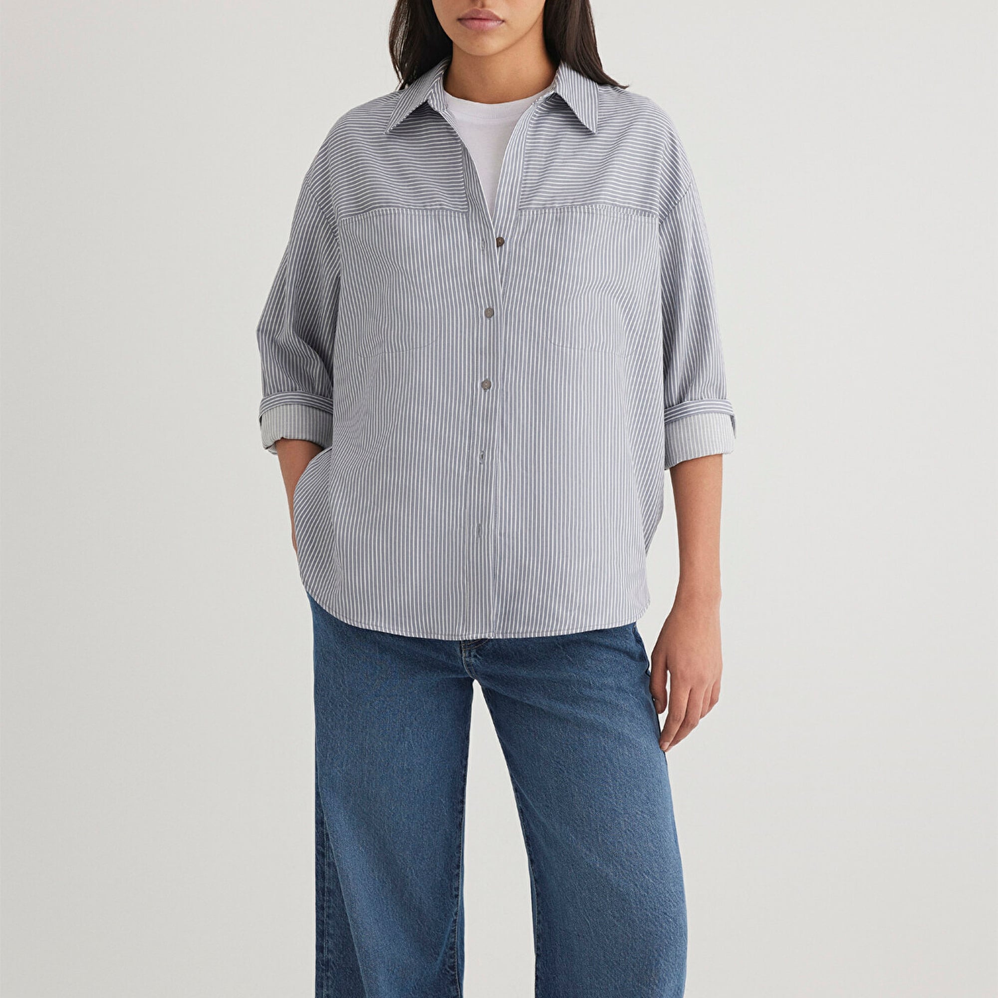 Mavi Çizgili Mavi Gömlek Oversize / Geniş Kesim 1211069-89153