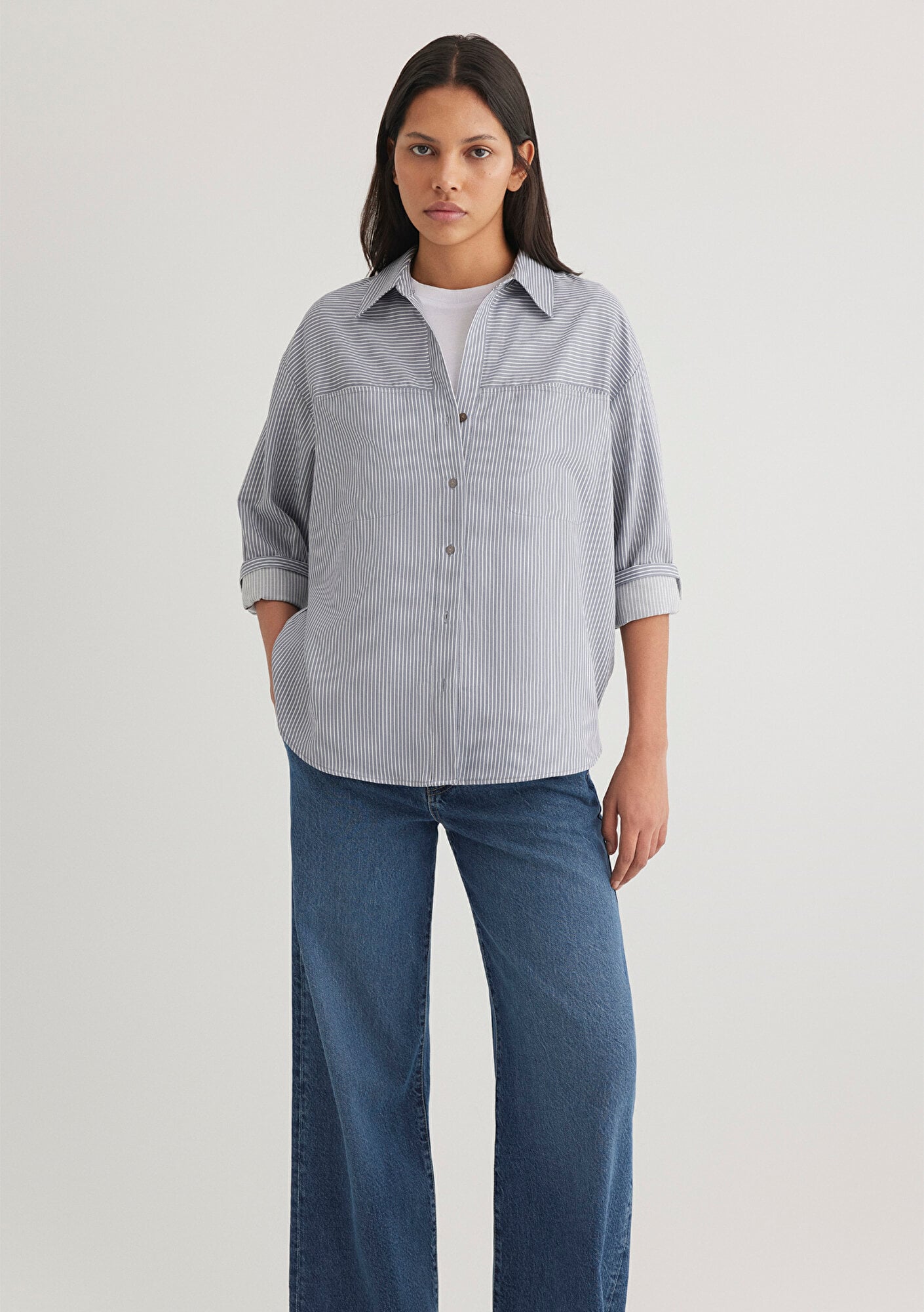  Mavi Çizgili Mavi Gömlek Oversize / Geniş Kesim 1211069-89153