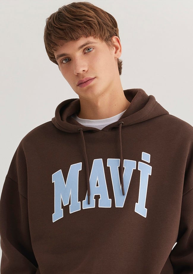  Mavi Mavi Logo Baskılı Kapüşonlu Kahverengi Sweatshirt 067149-88067