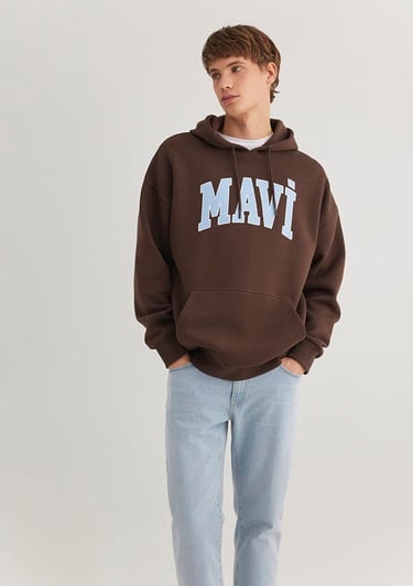  Mavi Mavi Logo Baskılı Kapüşonlu Kahverengi Sweatshirt 067149-88067