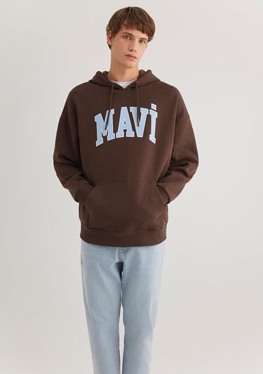  Mavi Mavi Logo Baskılı Kapüşonlu Kahverengi Sweatshirt 067149-88067