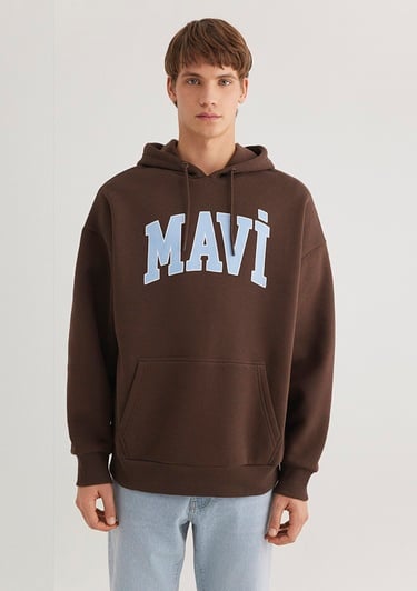  Mavi Mavi Logo Baskılı Kapüşonlu Kahverengi Sweatshirt 067149-88067