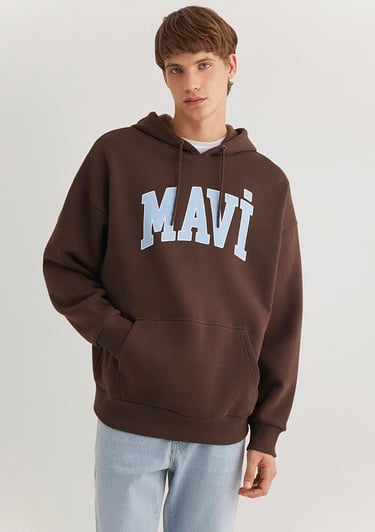 Mavi Mavi Logo Baskılı Kapüşonlu Kahverengi Sweatshirt 067149-88067