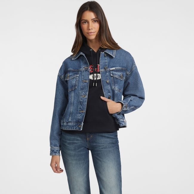  Guess Oversize Trucker Eco Recy Riverside Indi Kadın Mavi Ceket