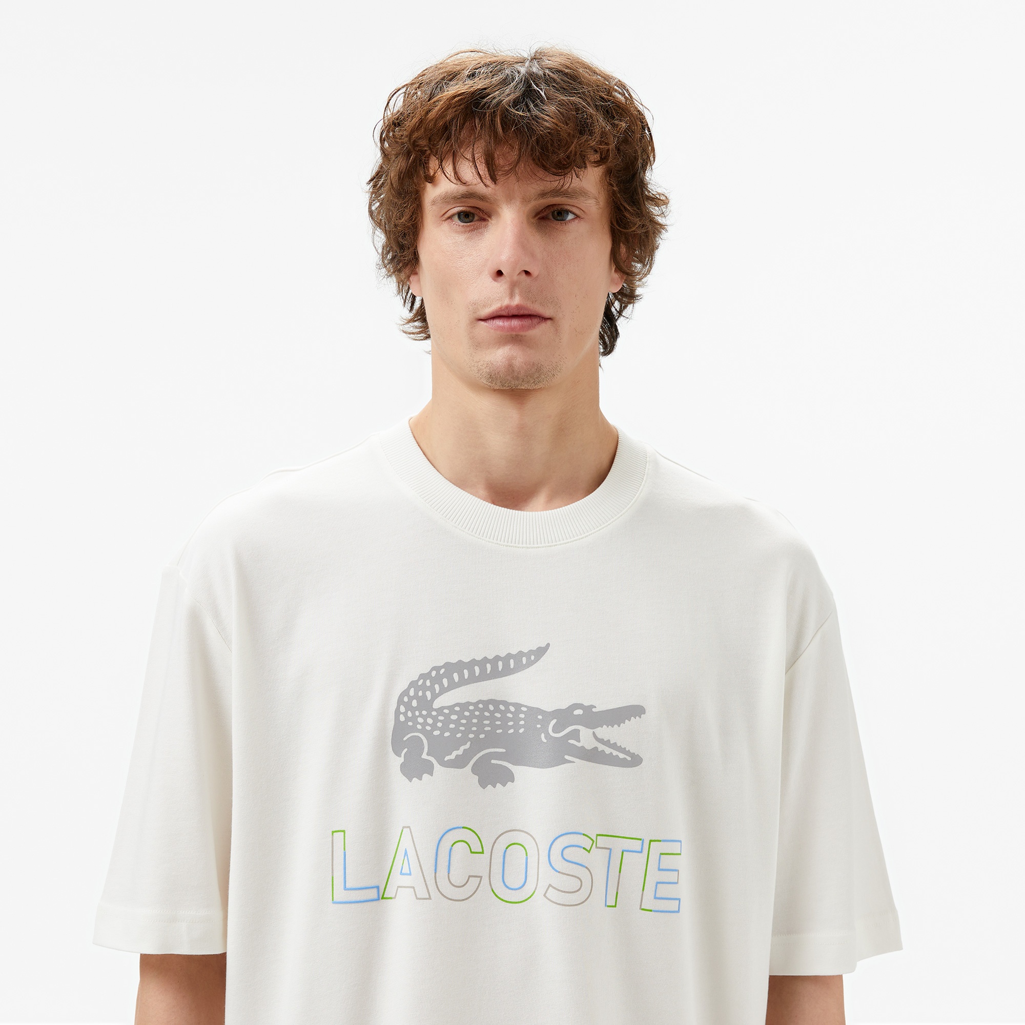 Lacoste Erkek Regular Fit Bisiklet Yaka Baskılı Beyaz T-Shirt