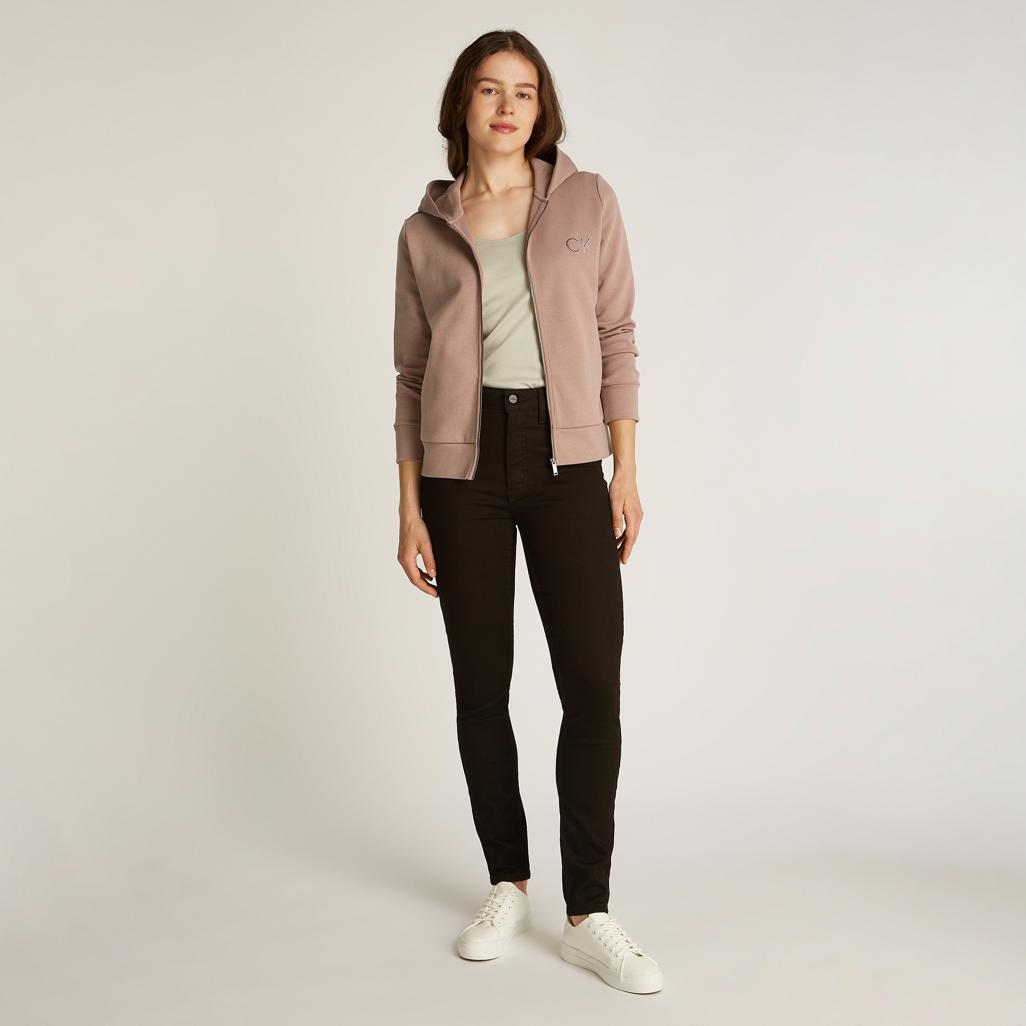 Calvin Klein Satin Regular Zip Kadın Bej Sweatshirt