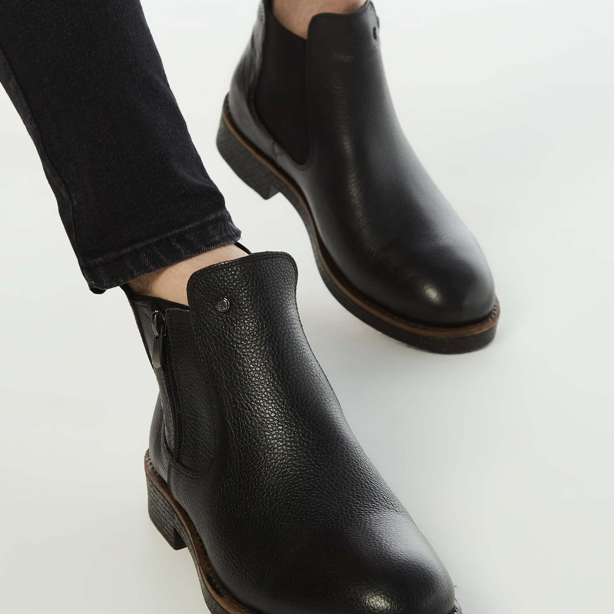 Tamer Tanca Erkek Hakiki Deri Siyah Floter Casual Bot