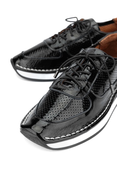  Tamer Tanca Kadın Deri Hasır Siyah Rugan Sneakers & Spor Ayakkabı