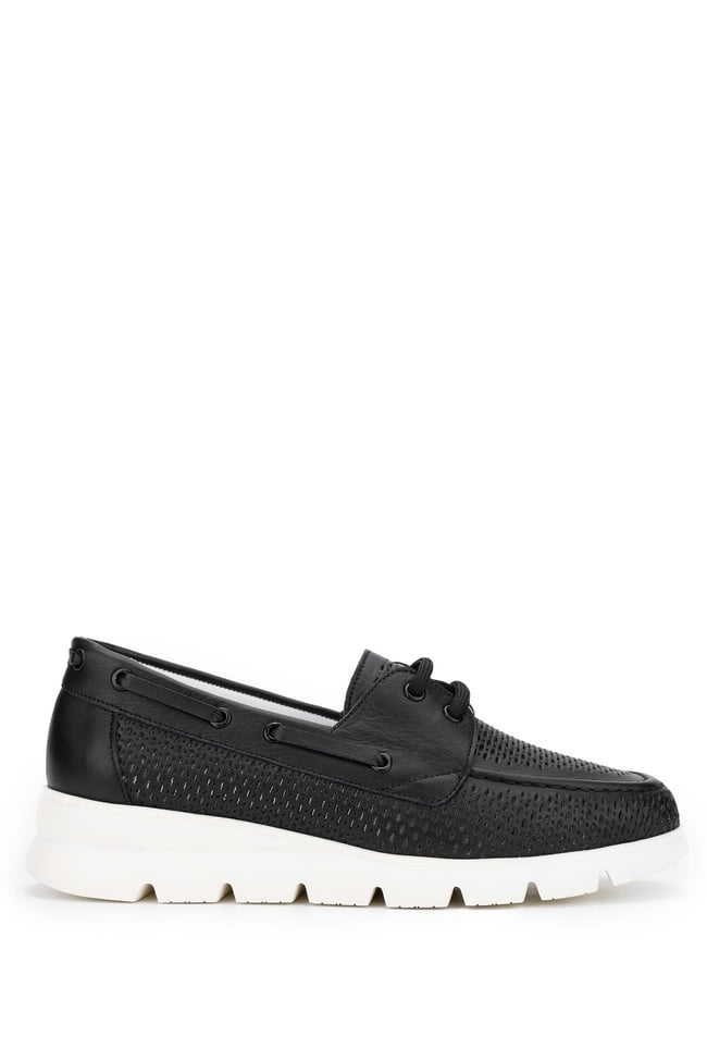  Tamer Tanca Kadın Deri Hasır Siyah Deri Casual Ayakkabı