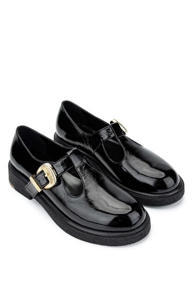  Tamer Tanca Kadın Hakiki Deri Siyah Rugan Casual Ayakkabı