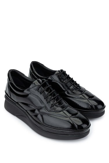  Tamer Tanca Kadın Hakiki Deri Siyah Rugan Casual Ayakkabı