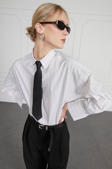  Poplin Çizgili Oversize Gömlek