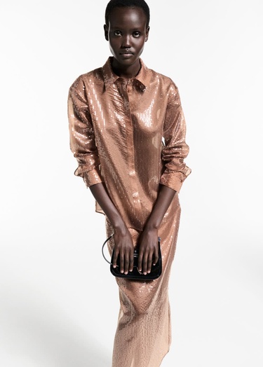  Mango Kadın Yarı Transparan Pullu Gömlek Kahverengi