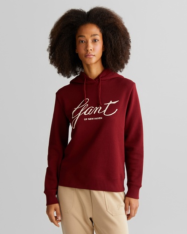  GANT Kadın Bordo Relaxed Fit Kapüşonlu Logolu Sweatshirt