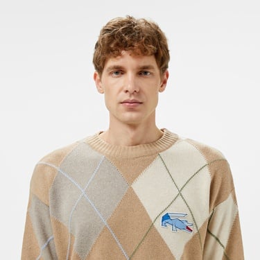  Erkek Loose Fit Bisiklet Yaka Renk Bloklu Kahverengi Kazak