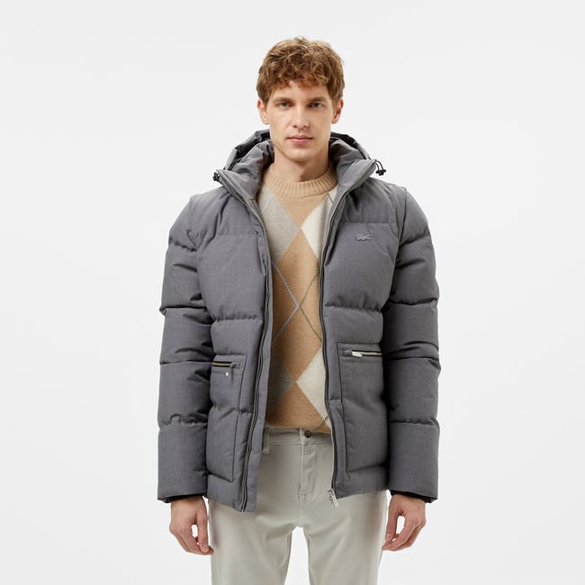  Erkek Kapüşonlu Gri Şişme Mont