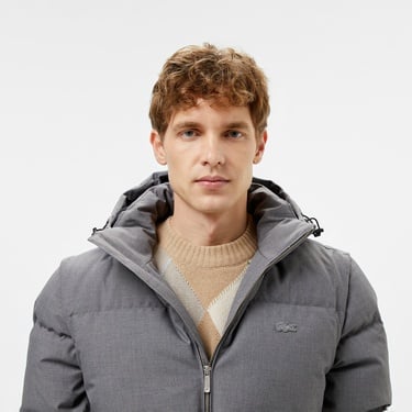  Erkek Kapüşonlu Gri Şişme Mont