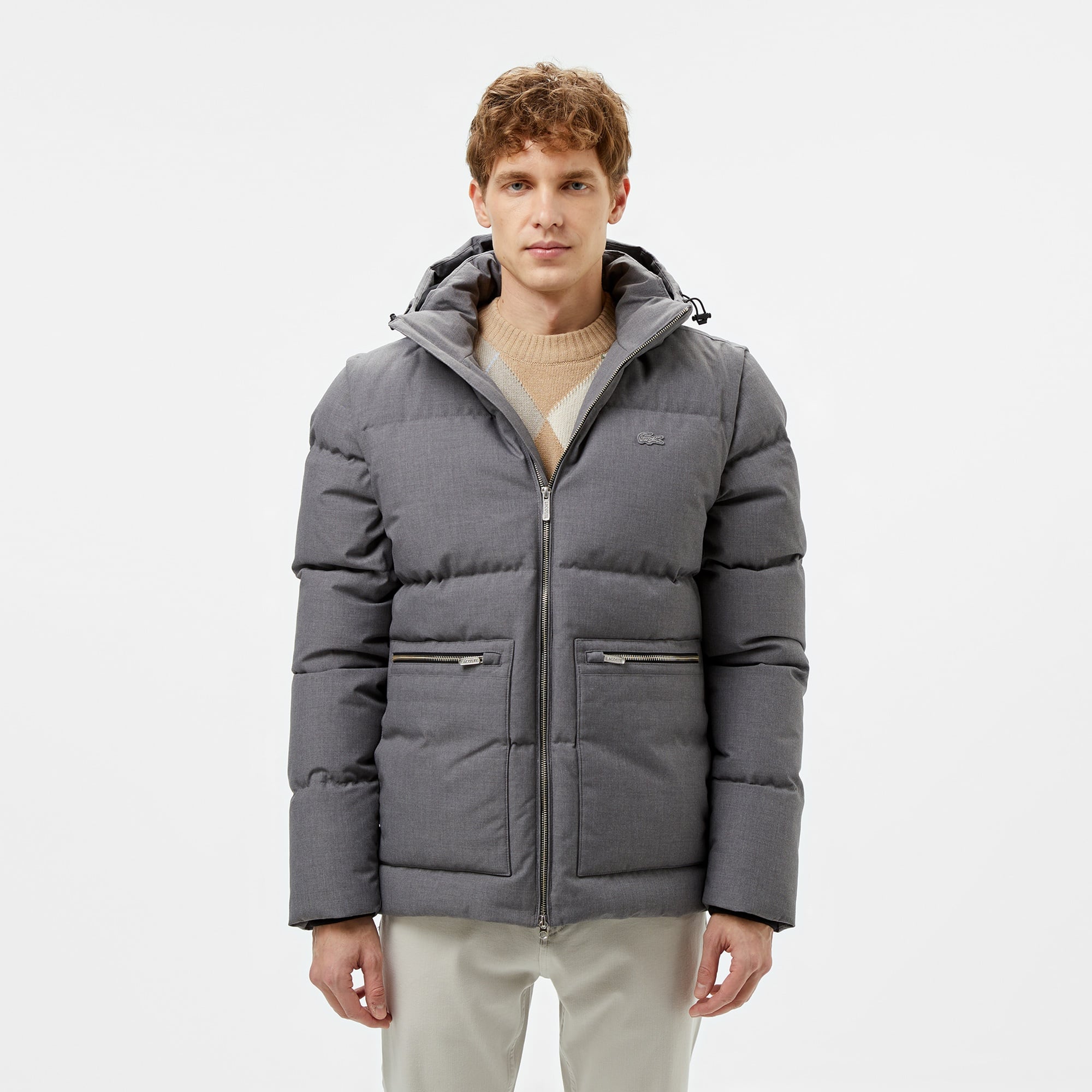 Erkek Kapüşonlu Gri Şişme Mont