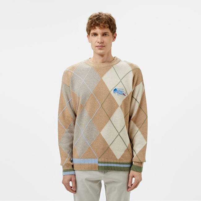  Erkek Loose Fit Bisiklet Yaka Renk Bloklu Kahverengi Kazak