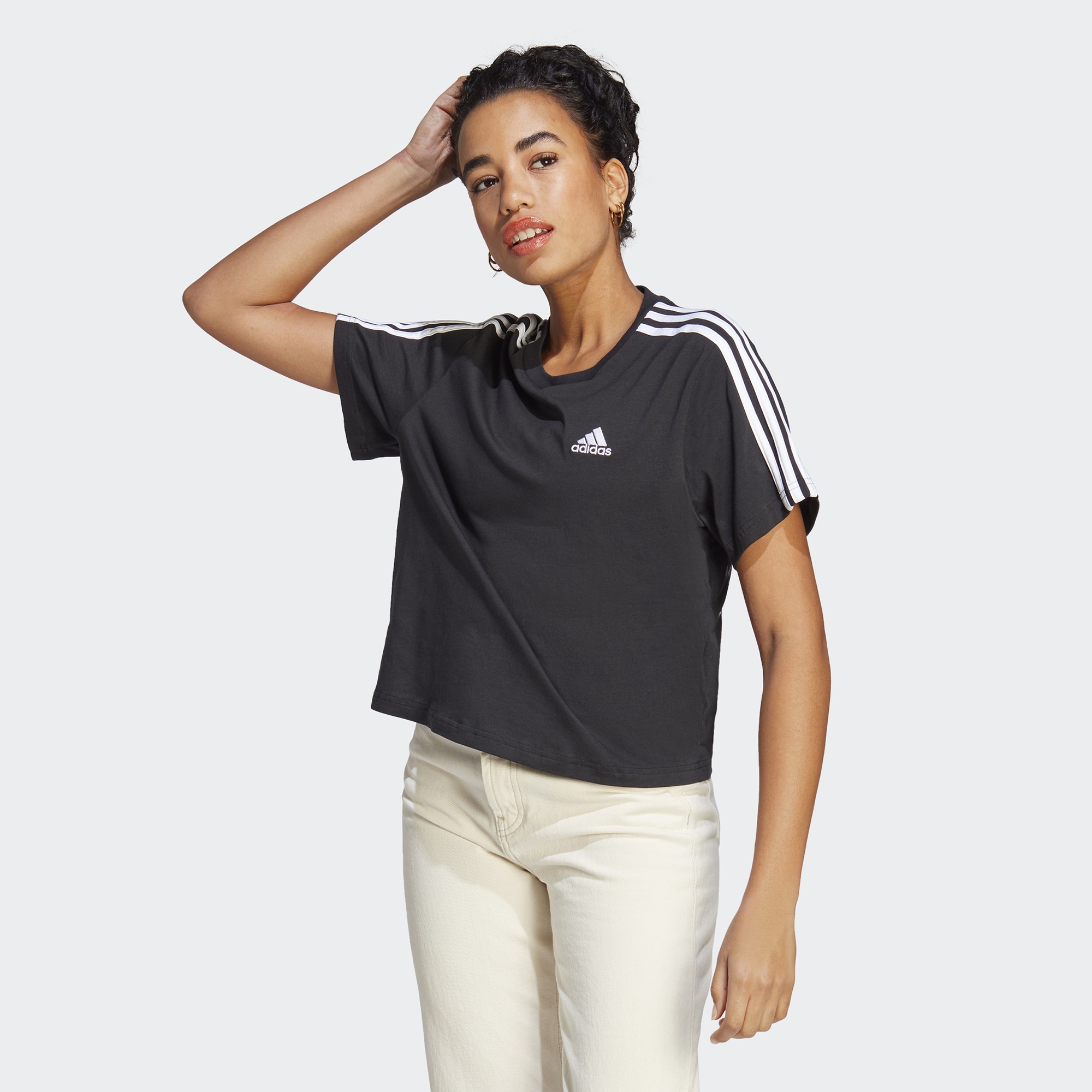 adidas 3 Striped Cropped Kadın Siyah Günlük T-Shirt