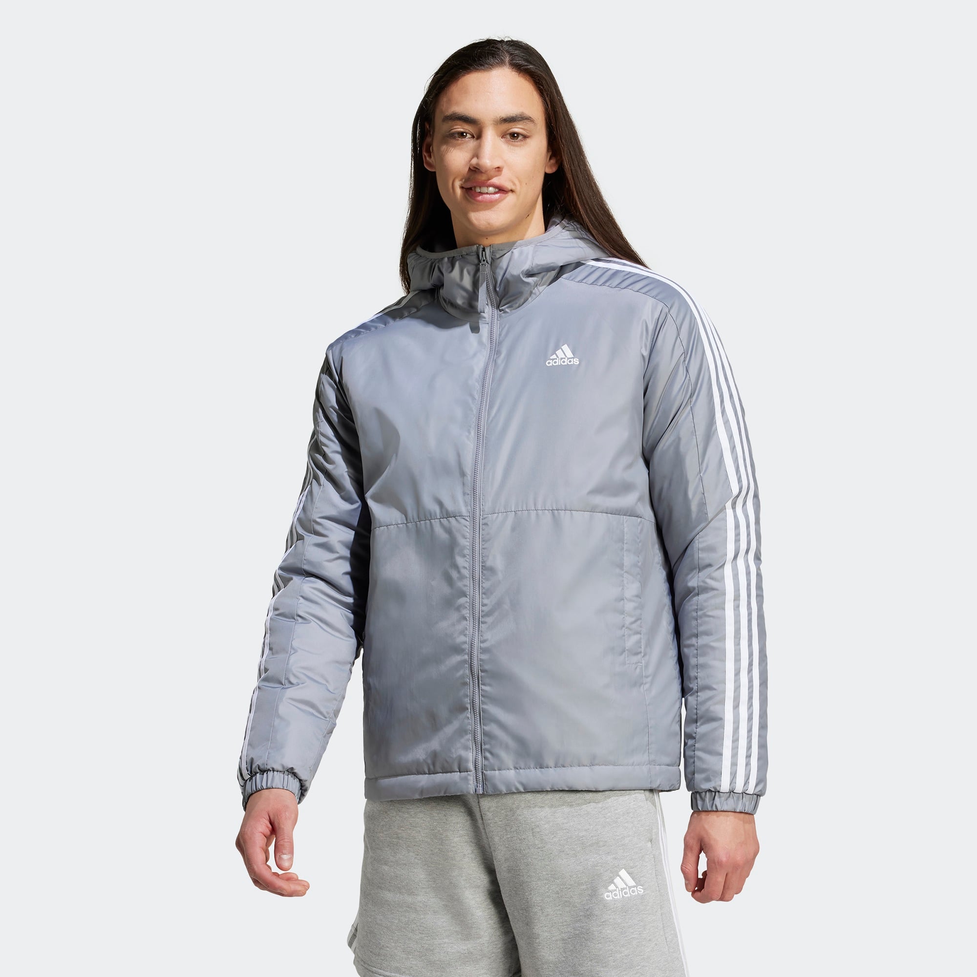 adidas Sportswear Essentials 3 Striped Insulated Erkek Gri Mont