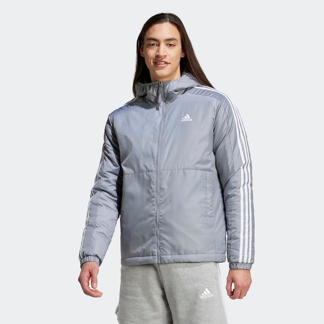  adidas Sportswear Essentials 3 Striped Insulated Erkek Gri Mont