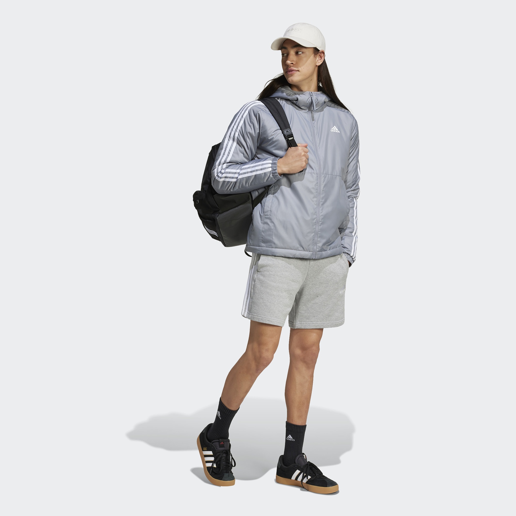 adidas Sportswear Essentials 3 Striped Insulated Erkek Gri Mont