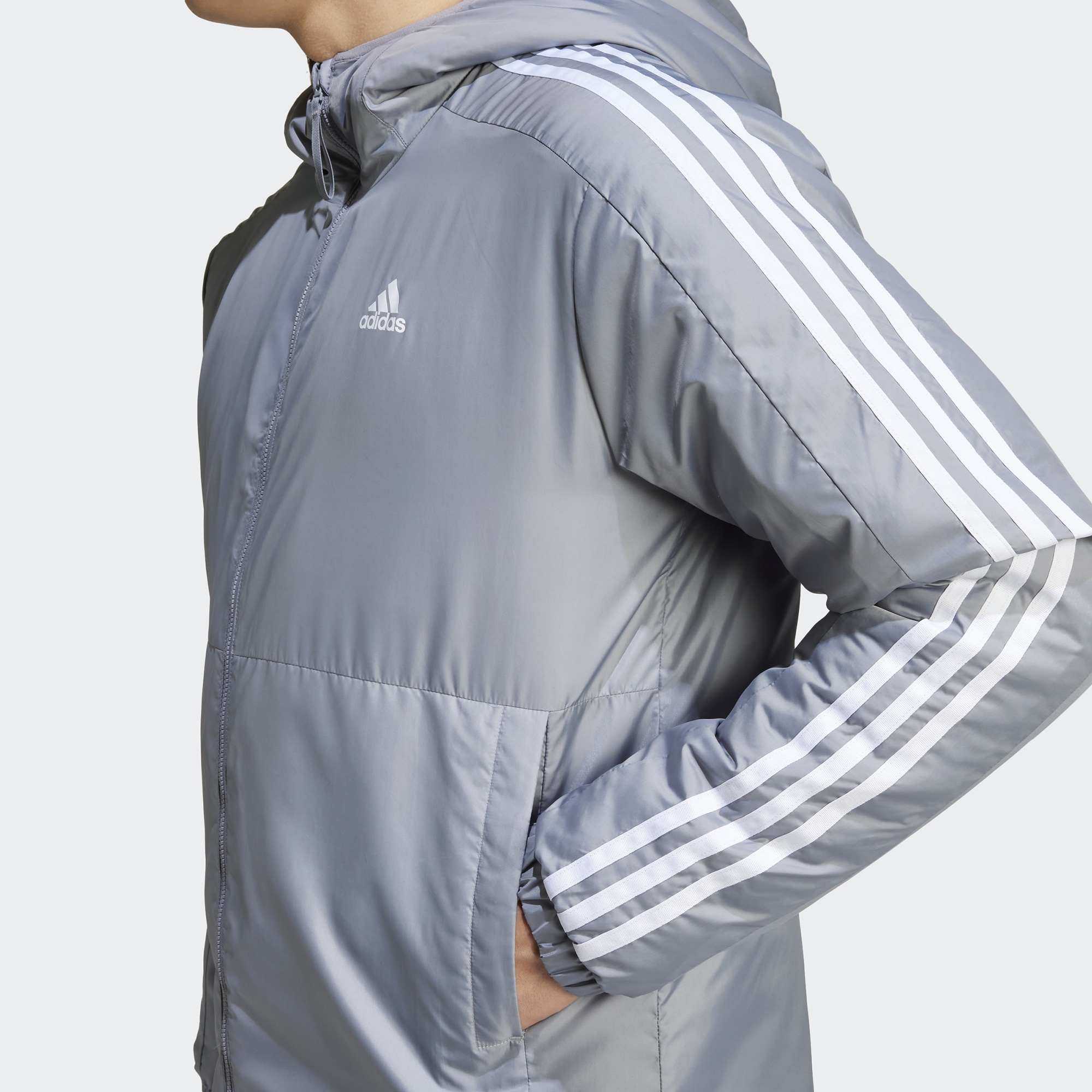 adidas Sportswear Essentials 3 Striped Insulated Erkek Gri Mont