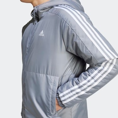  adidas Sportswear Essentials 3 Striped Insulated Erkek Gri Mont