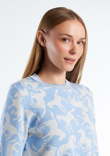  Kadın Açık Mavi %100 Koton At Desenli Crop Kazak