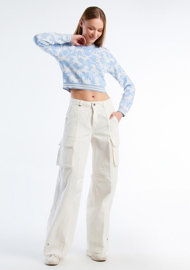  Kadın Açık Mavi %100 Koton At Desenli Crop Kazak