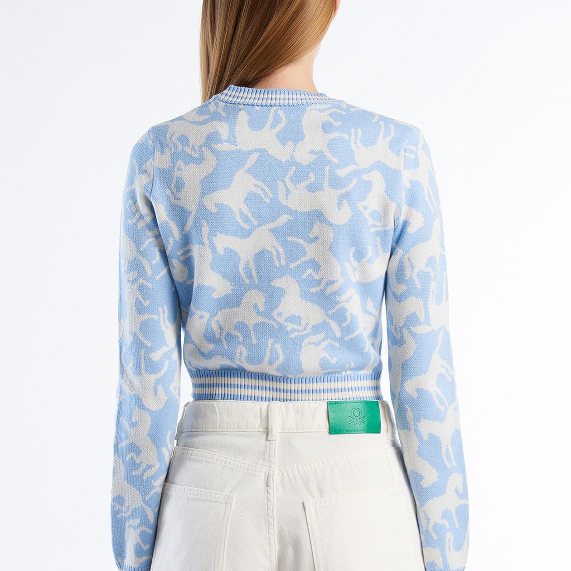 Kadın Açık Mavi %100 Koton At Desenli Crop Kazak