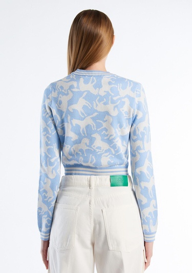  Kadın Açık Mavi %100 Koton At Desenli Crop Kazak