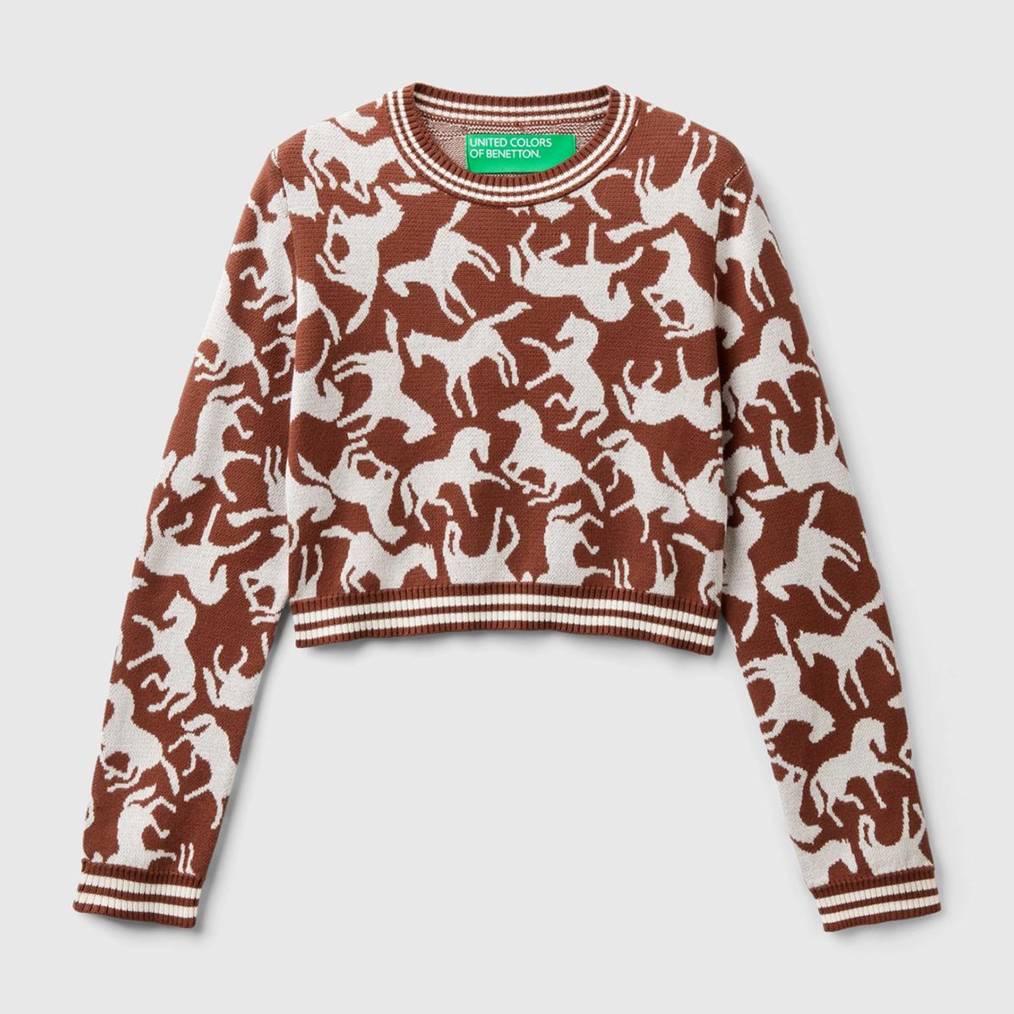 Kadın Kahverengi %100 Koton At Desenli Crop Kazak